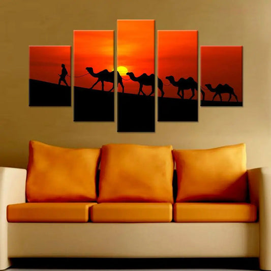 Rajasthani Camel Sunset 5 Pieces Abstract Scenery Canvas Framed Wall Painting for Living Room, Bedroom, Office Wall Decoration