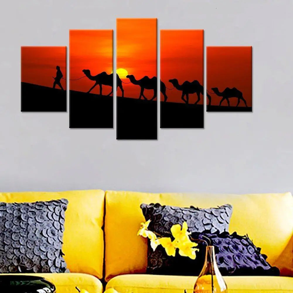 Rajasthani Camel Sunset 5 Pieces Abstract Scenery Canvas Framed Wall Painting for Living Room, Bedroom, Office Wall Decoration