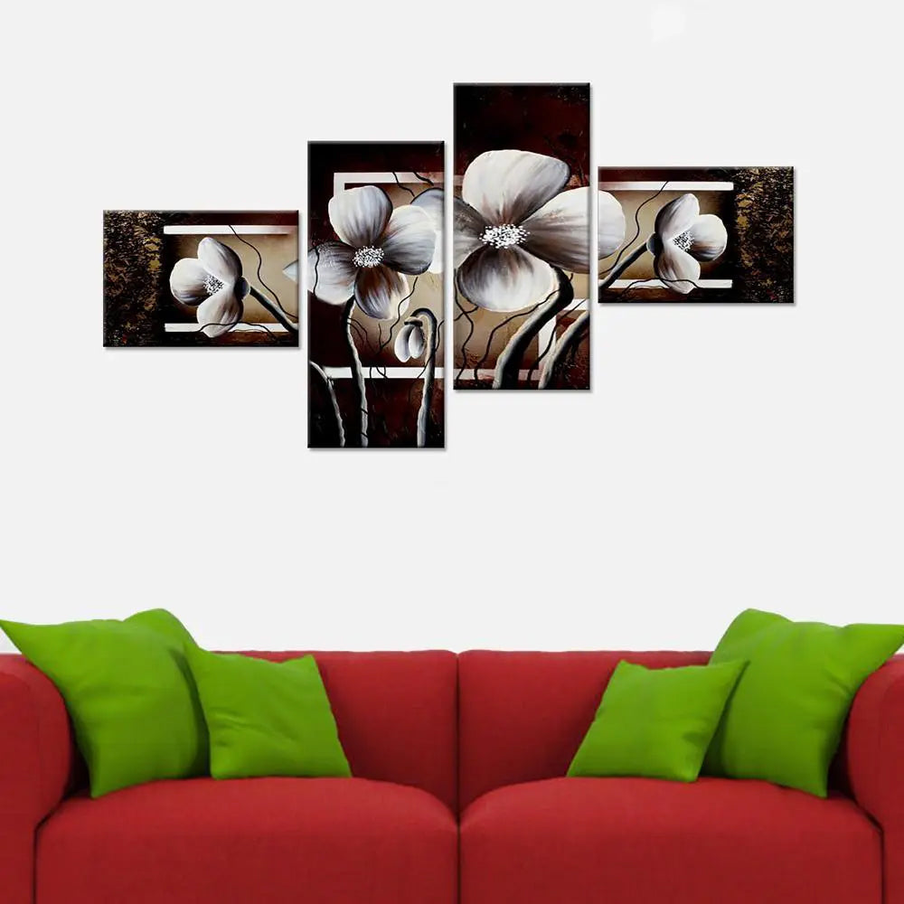 Large Modern 4 pcs Beautiful Flowers Multiple Framed Canvas Wall Painting for Living Room, Bedroom, Office Wall Decoration