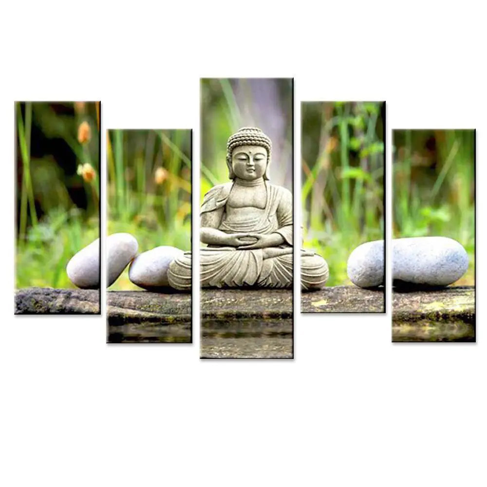 Multiple 5 Panel Peaceful Calming Buddha Religious Framed Canvas Print 5 PCS Wall Painting for Living Room, Bedroom, Office Wall Decoration