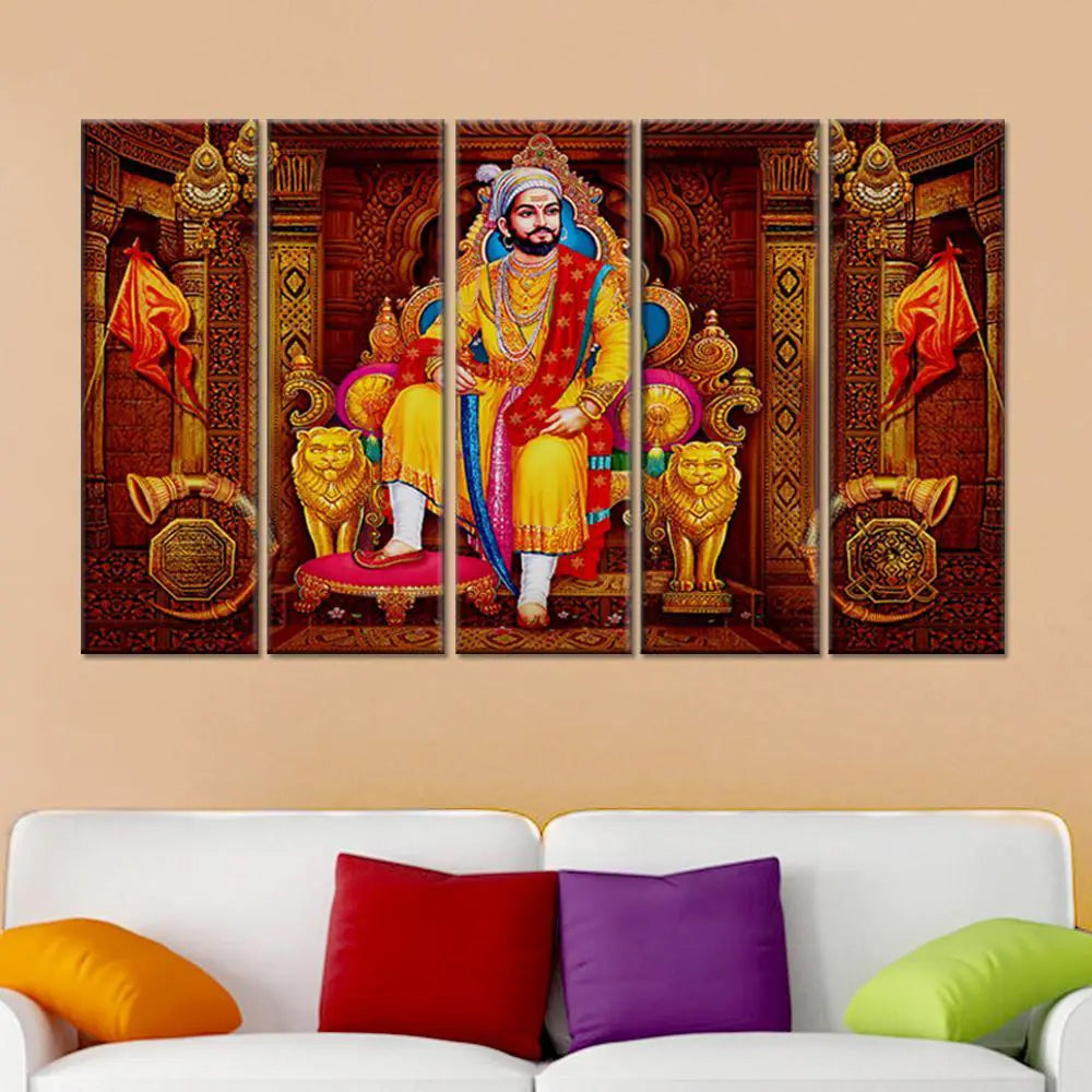 Chattrapati Shivaji Maharaj Wall Painting Wooden Framed 5 Pieces Big Canvas Painting for Living Room, Bedroom, Office Wall Decoration (24" H x 8" W Each panel)