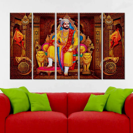 Chattrapati Shivaji Maharaj Wall Painting Wooden Framed 5 Pieces Big Canvas Painting for Living Room, Bedroom, Office Wall Decoration (24" H x 8" W Each panel)