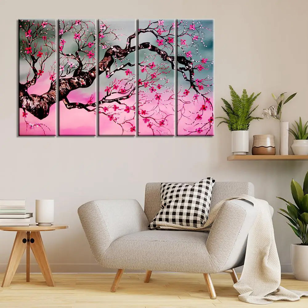 Cherry Blossom Tree 5 Pieces Multicolour Framed Canvas Wall Painting for Living Room, Bedroom, Office Wall Decoration