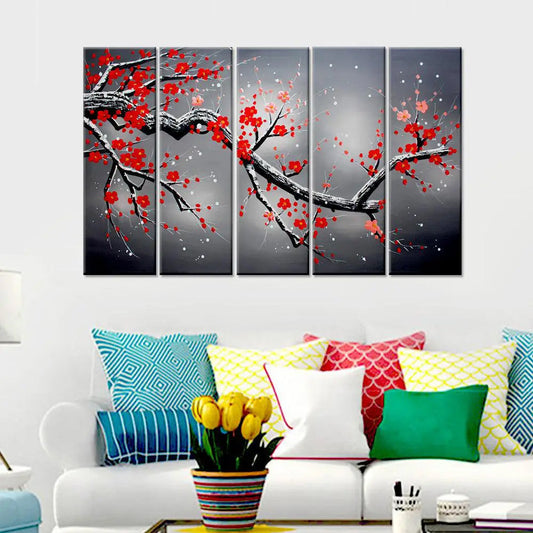 Red Cherry Blossom Tree Branch Multi Wood Framed Canvas Wall Painting for Living Room, Bedroom, Office Wall Decoration(24" H x 8" W Each panel)