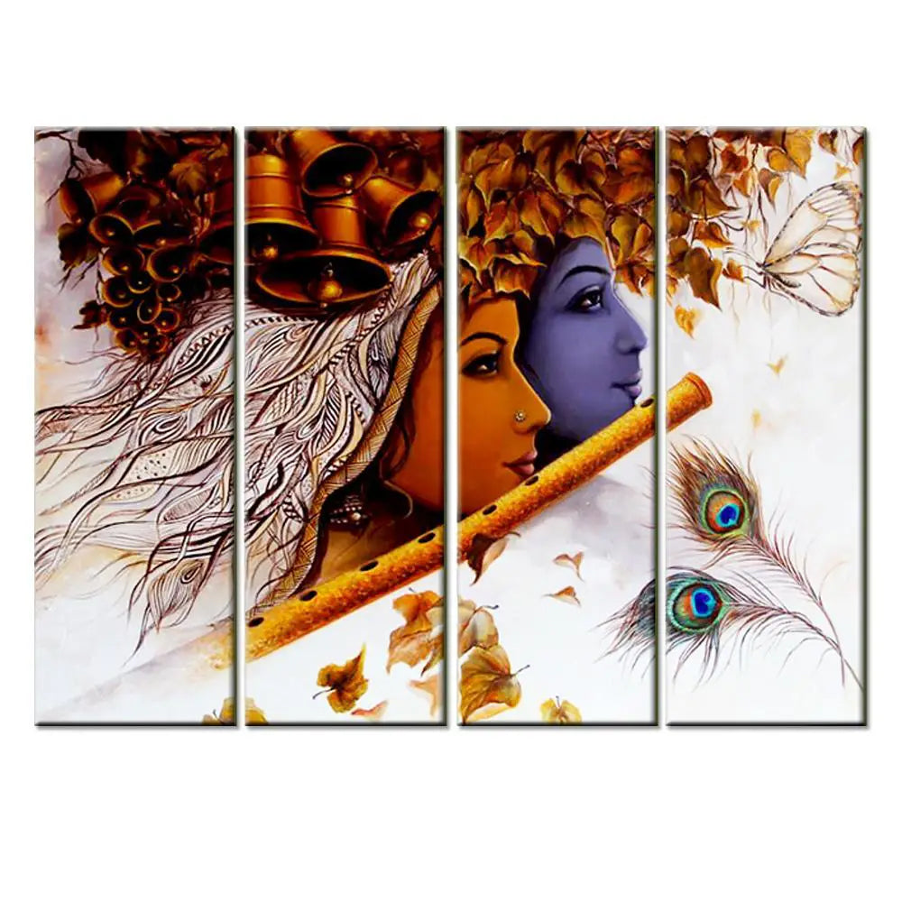 Radha Krishna with Flute Multiple Framed Canvas Wall Painting for Living Room, Bedroom, Office Wall Decoration(24" H x 8" W Each panel)