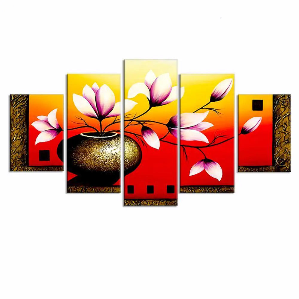 Floral Elegance | 5-Piece Wooden Framed Flower Pot Canvas Wall Art for Home & Office Décor