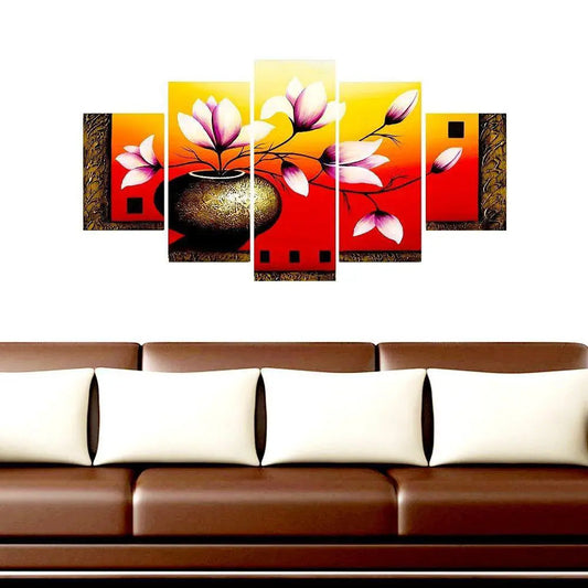 Floral Elegance | 5-Piece Wooden Framed Flower Pot Canvas Wall Art for Home & Office Décor