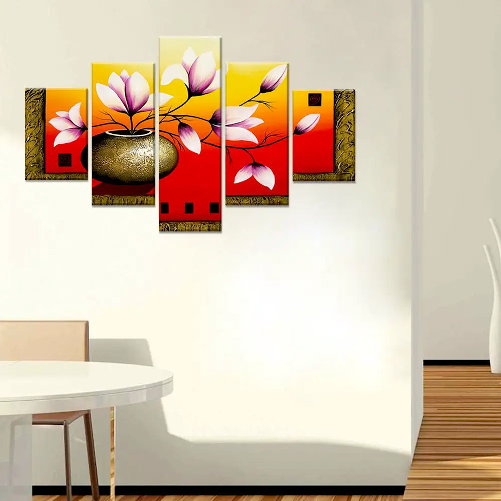 Floral Elegance | 5-Piece Wooden Framed Flower Pot Canvas Wall Art for Home & Office Décor