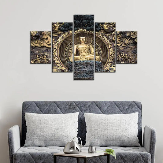 Timeless Tranquility Multiple Framed Canvas Wall Painting of Classical Gautam Buddha Sculpture for Home and Office Décor