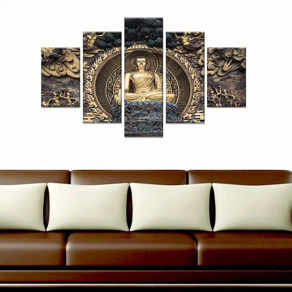 Timeless Tranquility Multiple Framed Canvas Wall Painting of Classical Gautam Buddha Sculpture for Home and Office Décor