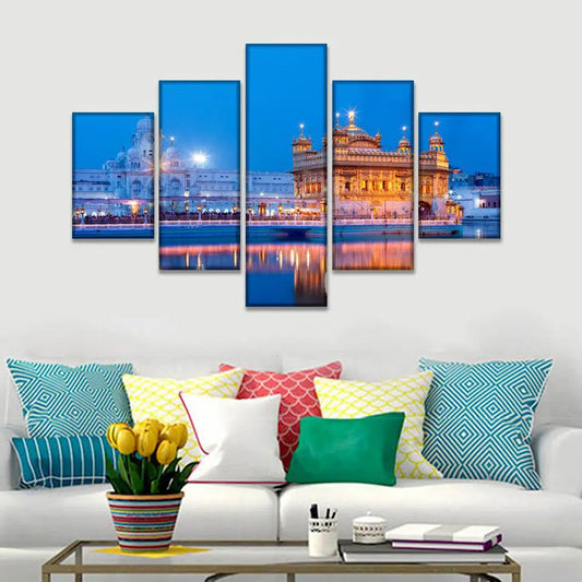 Spiritual Radiance 5 Piece Golden Temple Multi Frame Canvas Wall Painting for Home and Office Decor