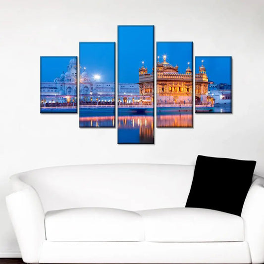 Spiritual Radiance 5 Piece Golden Temple Multi Frame Canvas Wall Painting for Home and Office Decor