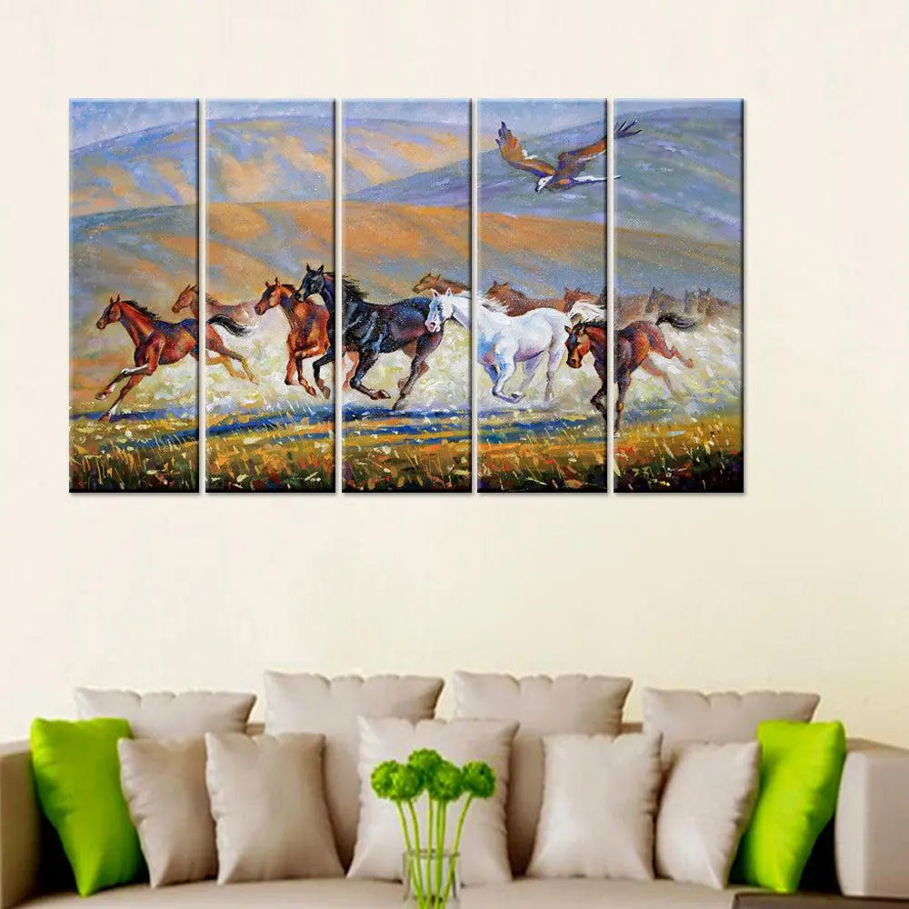 Majestic Horses and Hawk Multi Frame Canvas Wall Painting for Home and Office Wall Dekoration