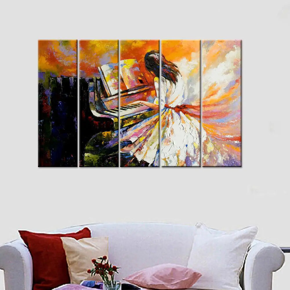 Elegant Girl Playing Piano Abstract 5 Piece Multi Frame Canvas Wall Art for Living Room Décor