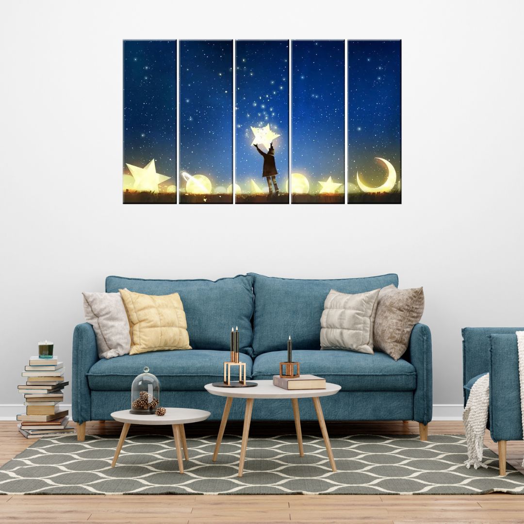 Enchanting Moon and Stars Fantasy 5 Piece Multi Frame Canvas Wall Art