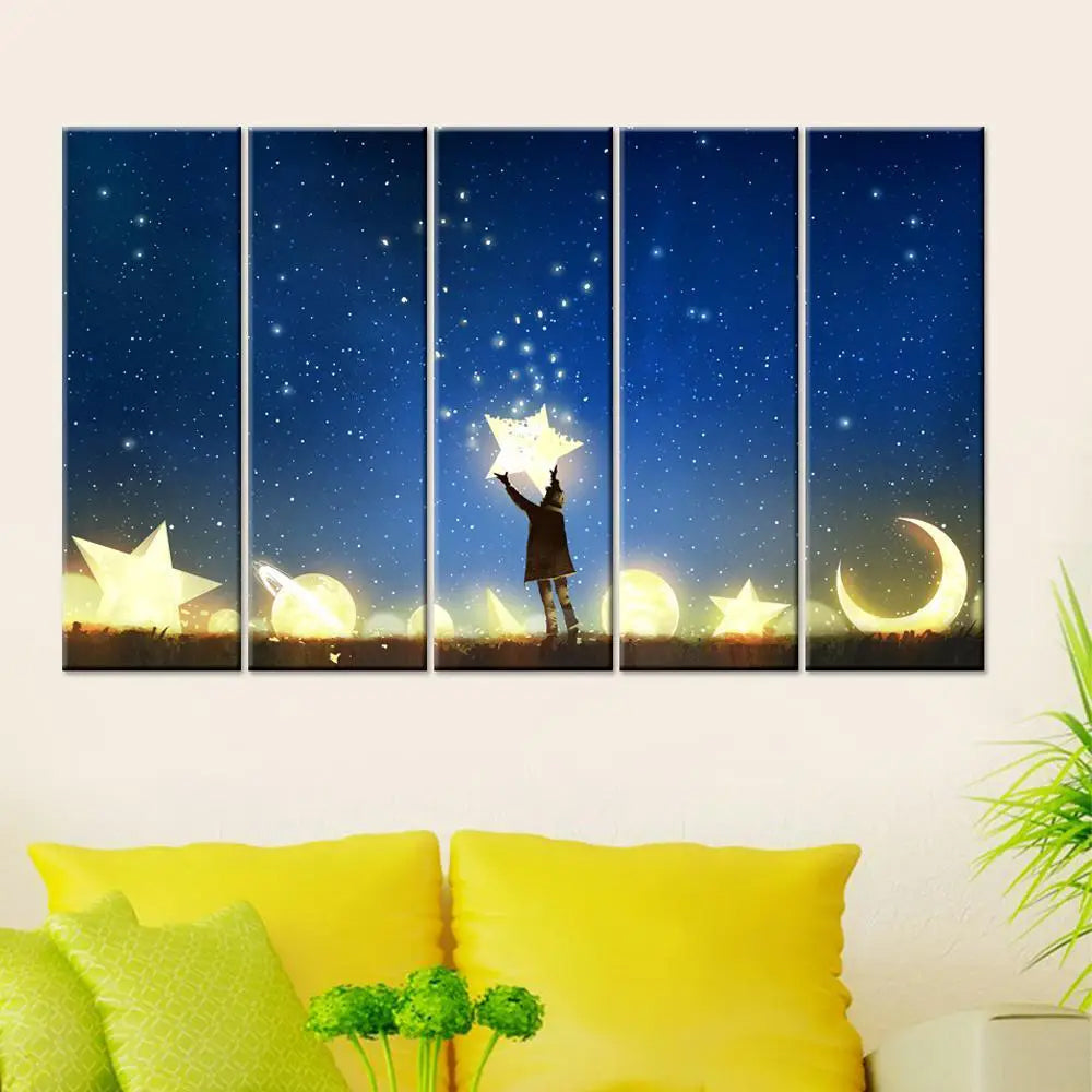 Enchanting Moon and Stars Fantasy 5 Piece Multi Frame Canvas Wall Art