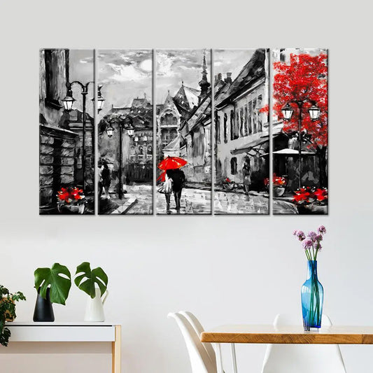 Elegant European Cityscape with Romantic Couple | 5 Piece Multi Frame Canvas Wall Art for Home Décor