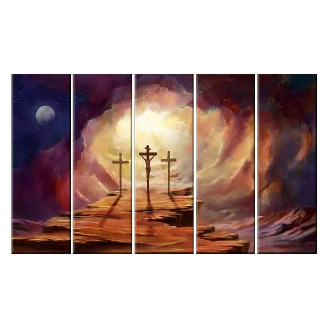 Sacred Jesus Christ on the Cross 5 Pieces Multi Frame Canvas Wall Painting for Home and Office Décor