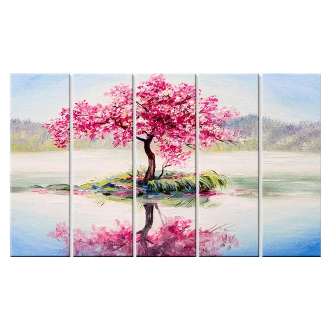 Gorgeous Pink Cherry Blossom Tree 5-Piece Multicolour Canvas Wall Painting for Elegant Home & Office Decor