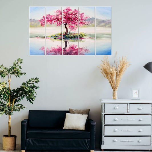 Gorgeous Pink Cherry Blossom Tree 5-Piece Multicolour Canvas Wall Painting for Elegant Home & Office Decor