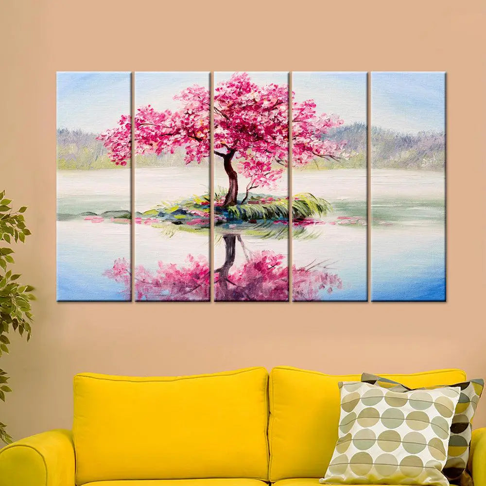 Gorgeous Pink Cherry Blossom Tree 5-Piece Multicolour Canvas Wall Painting for Elegant Home & Office Decor