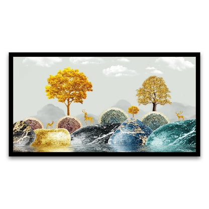 Radiant Arboreal Reverie Golden Trees Floating Framed Canvas Wall Painting