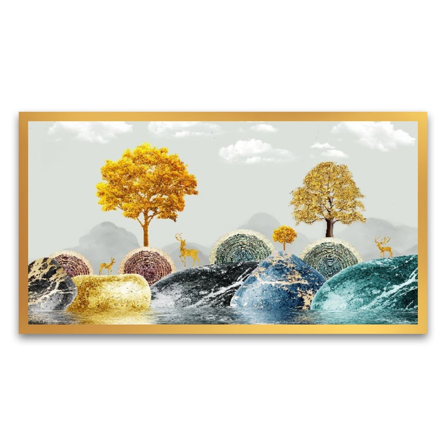 Radiant Arboreal Reverie Golden Trees Floating Framed Canvas Wall Painting