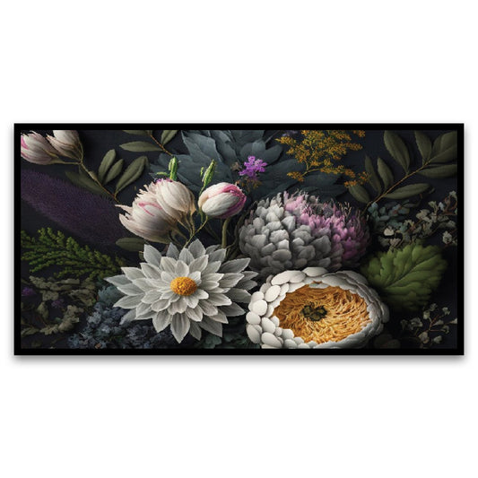 White Flowers on Dark Background Floating Frame Canvas Wall Painting