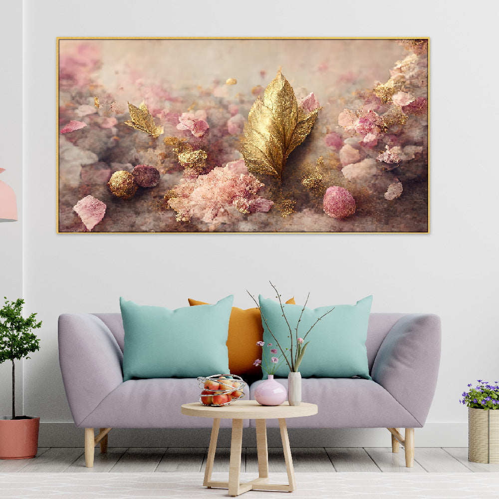 Golden Leaf and Twigs Floating Frame Canvas Wall Painting for Elegant Home Decor