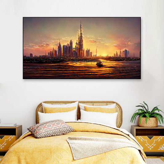 Dubai Skyline Luxury Skyscrapers Floating Frame Landscape Canvas Wall Art