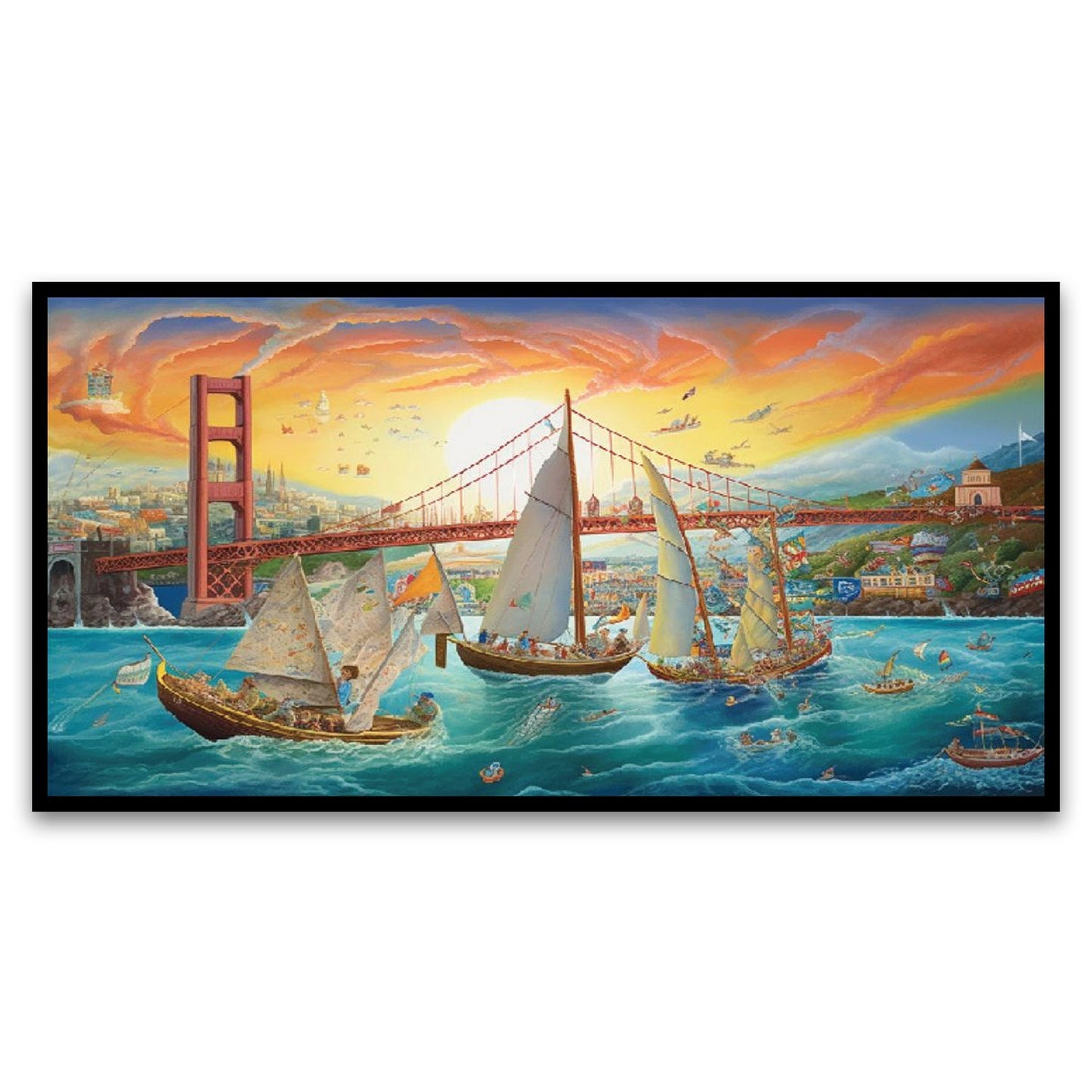 Sailing Past Golden Gate Bridge Floating Frame Landscape Canvas Wall Painting