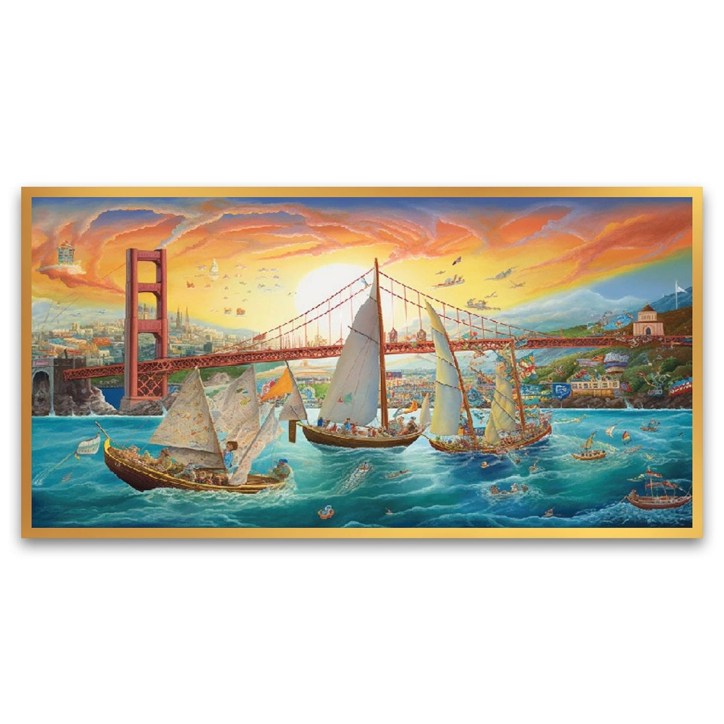 Sailing Past Golden Gate Bridge Floating Frame Landscape Canvas Wall Painting