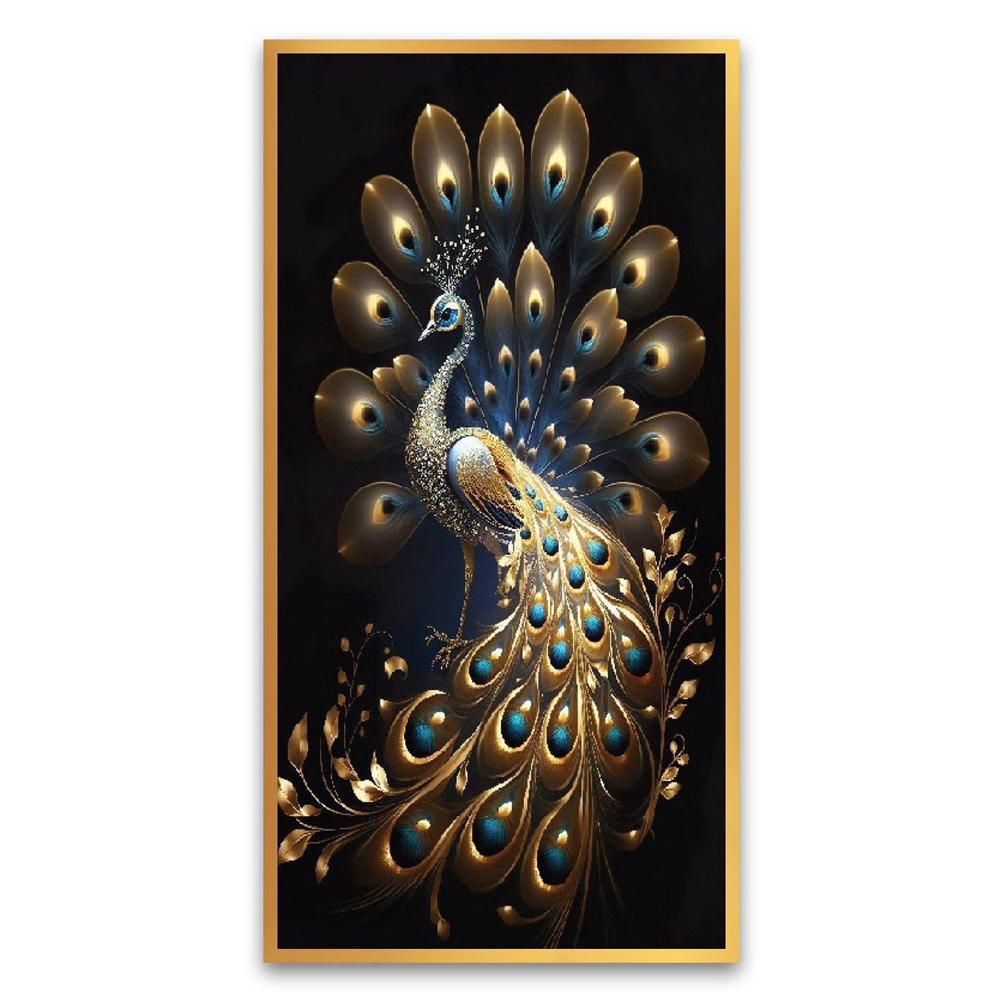 Panoramic Golden Peacock Design Canvas Framed Wall Painting