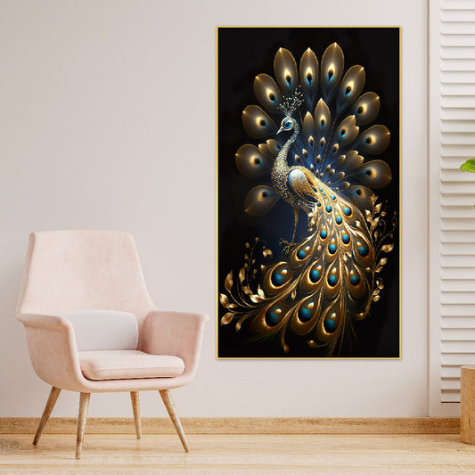 Panoramic Golden Peacock Design Canvas Framed Wall Painting