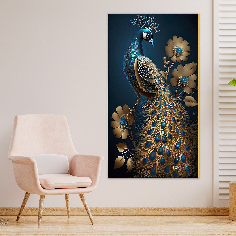 Modern Art Golden Peacock Oriental Luxury Style Canvas Framed Wall Painting