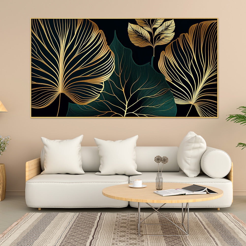 Golden Leaves Botanical Modern Art Print | Floating Frame Canvas Painting