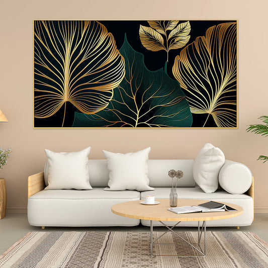 Golden Leaves Botanical Modern Art Print | Floating Frame Canvas Painting