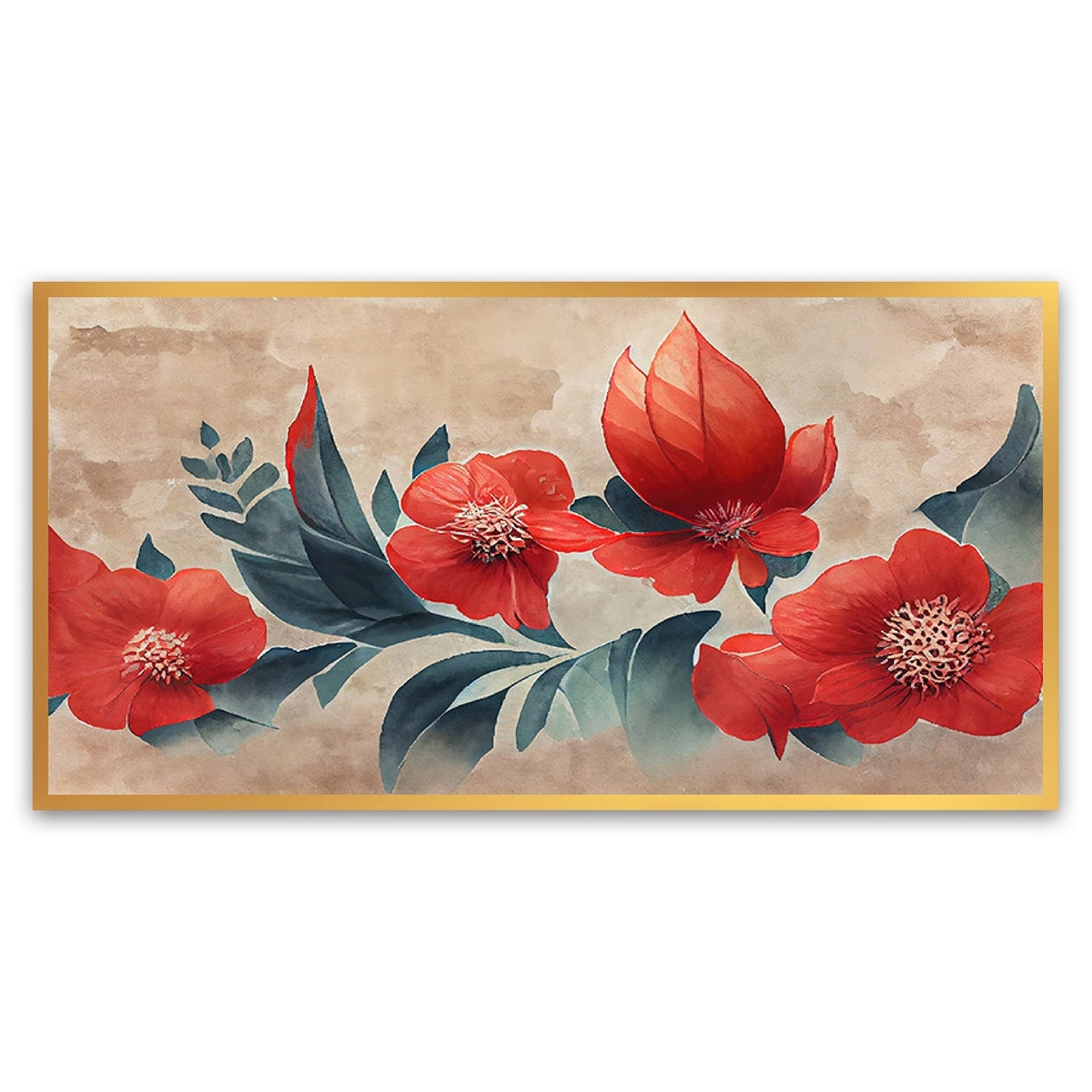 Floating Frame Wall Painting with Red Flower Background & Japanese Floral Pattern | 3D Illustration Canvas Art