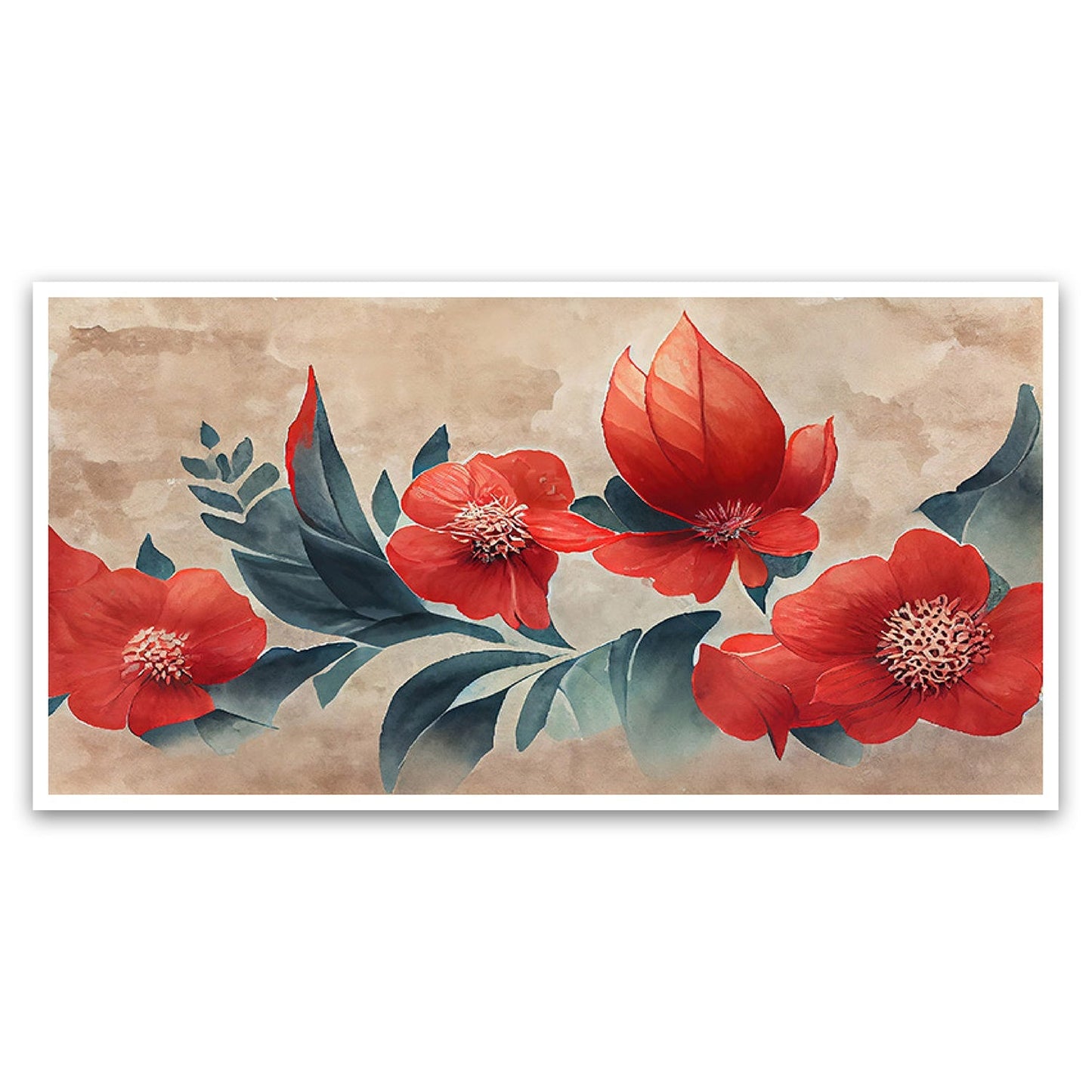 Floating Frame Wall Painting with Red Flower Background & Japanese Floral Pattern | 3D Illustration Canvas Art