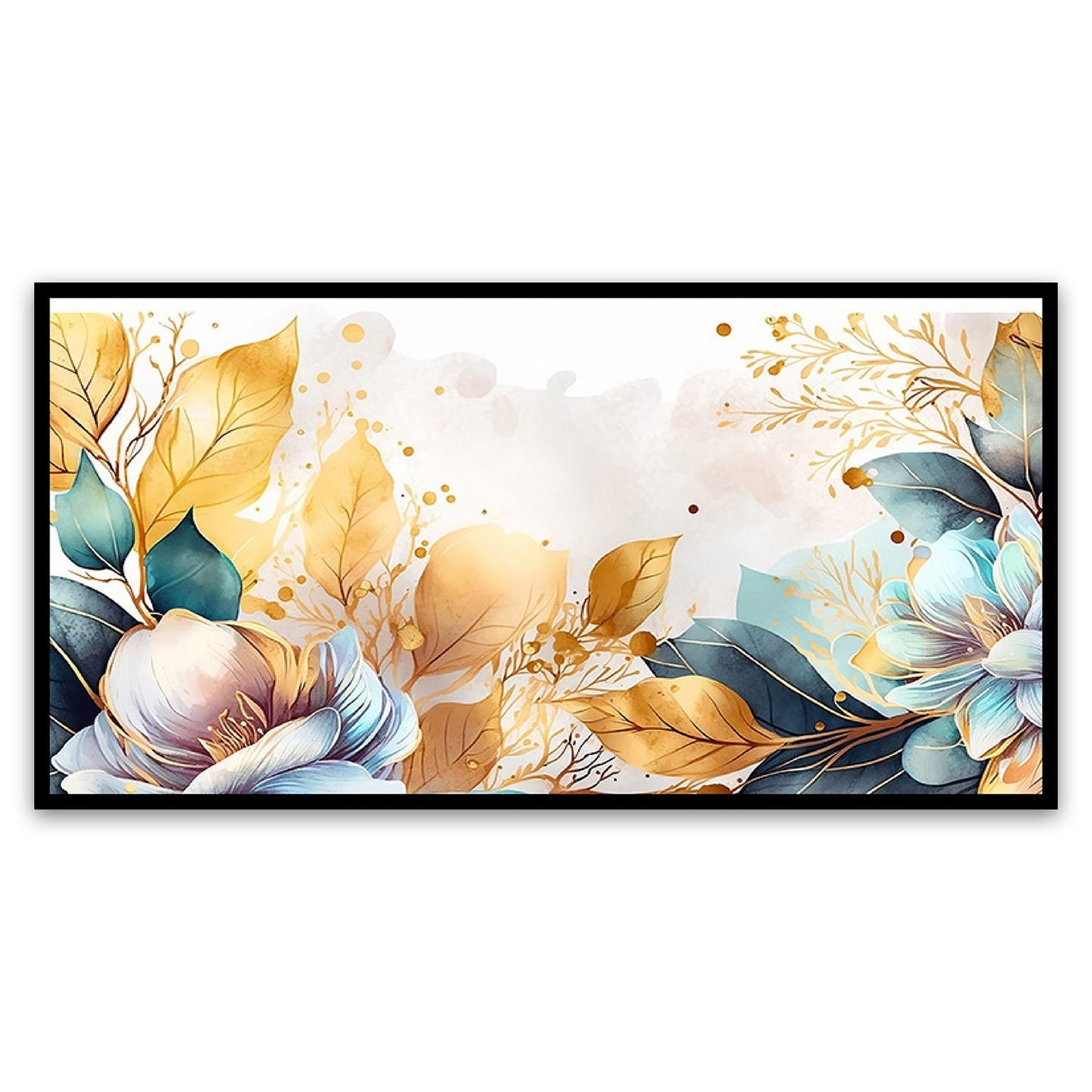 Golden Leaves & Blue Flower Modern Art Canvas Painting | Floating Frame Wall Decor for Bedroom & Living Room