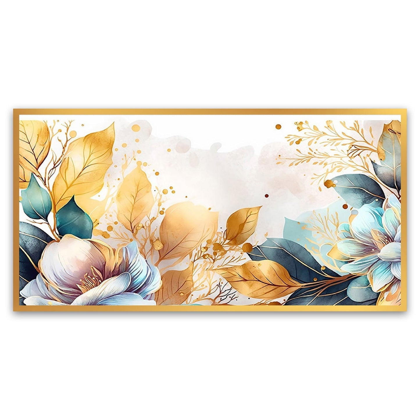 Golden Leaves & Blue Flower Modern Art Canvas Painting | Floating Frame Wall Decor for Bedroom & Living Room