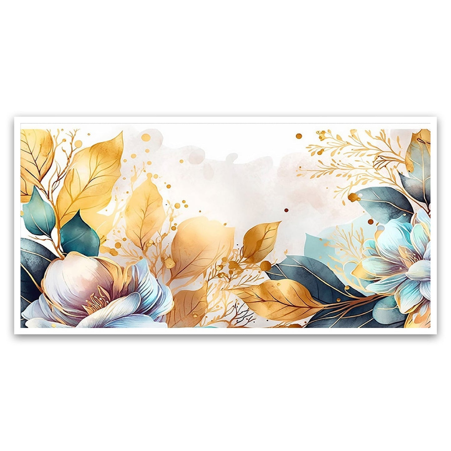 Golden Leaves & Blue Flower Modern Art Canvas Painting | Floating Frame Wall Decor for Bedroom & Living Room