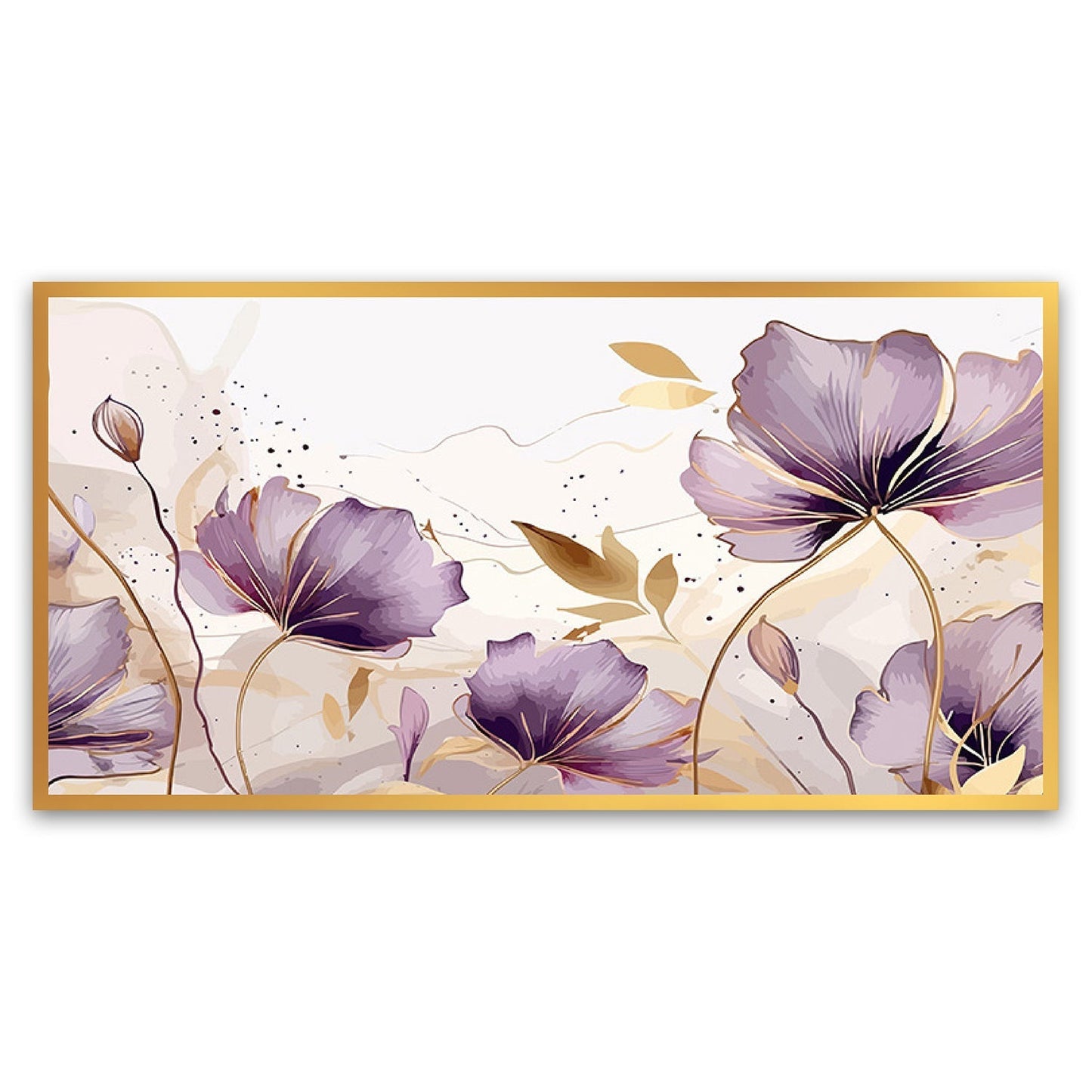 Spring Purple Flower with Golden Leaves Canvas Painting for Bedroom Living Room Wall Decoration Floating Frame Canvas Painting