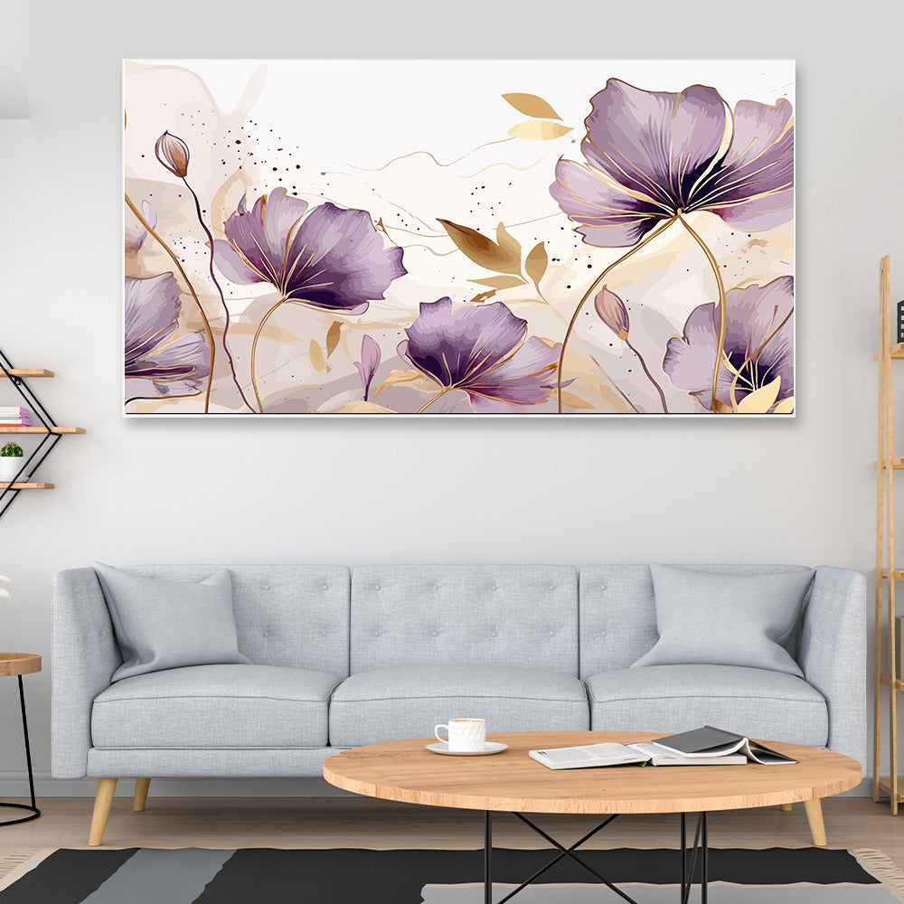 Spring Purple Flower with Golden Leaves Canvas Painting for Bedroom Living Room Wall Decoration Floating Frame Canvas Painting