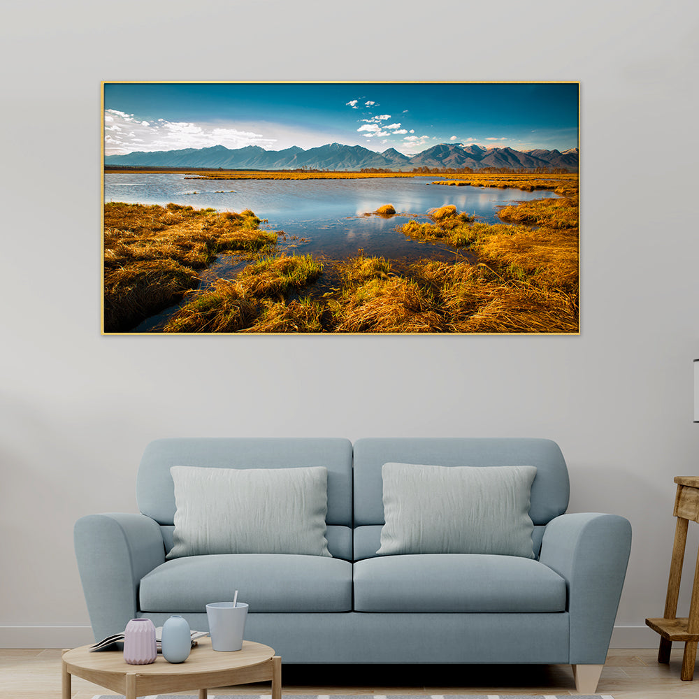 Tranquil Serenity: A Canvas Painting of a Mountain Lake