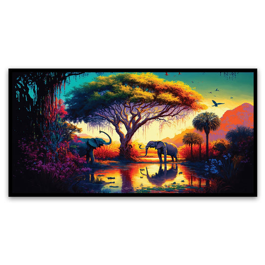 Two Elephants Resting Beneath a Tree in the Savannah Art Masterpiece