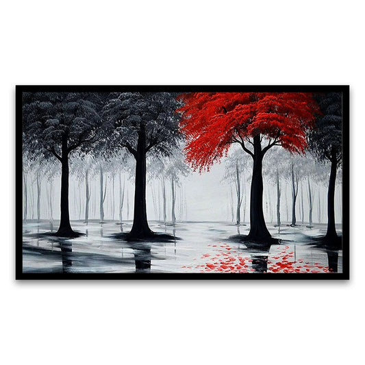 Enchanting Forest Serenity Red and Black Panoramic Canvas Wall Painting