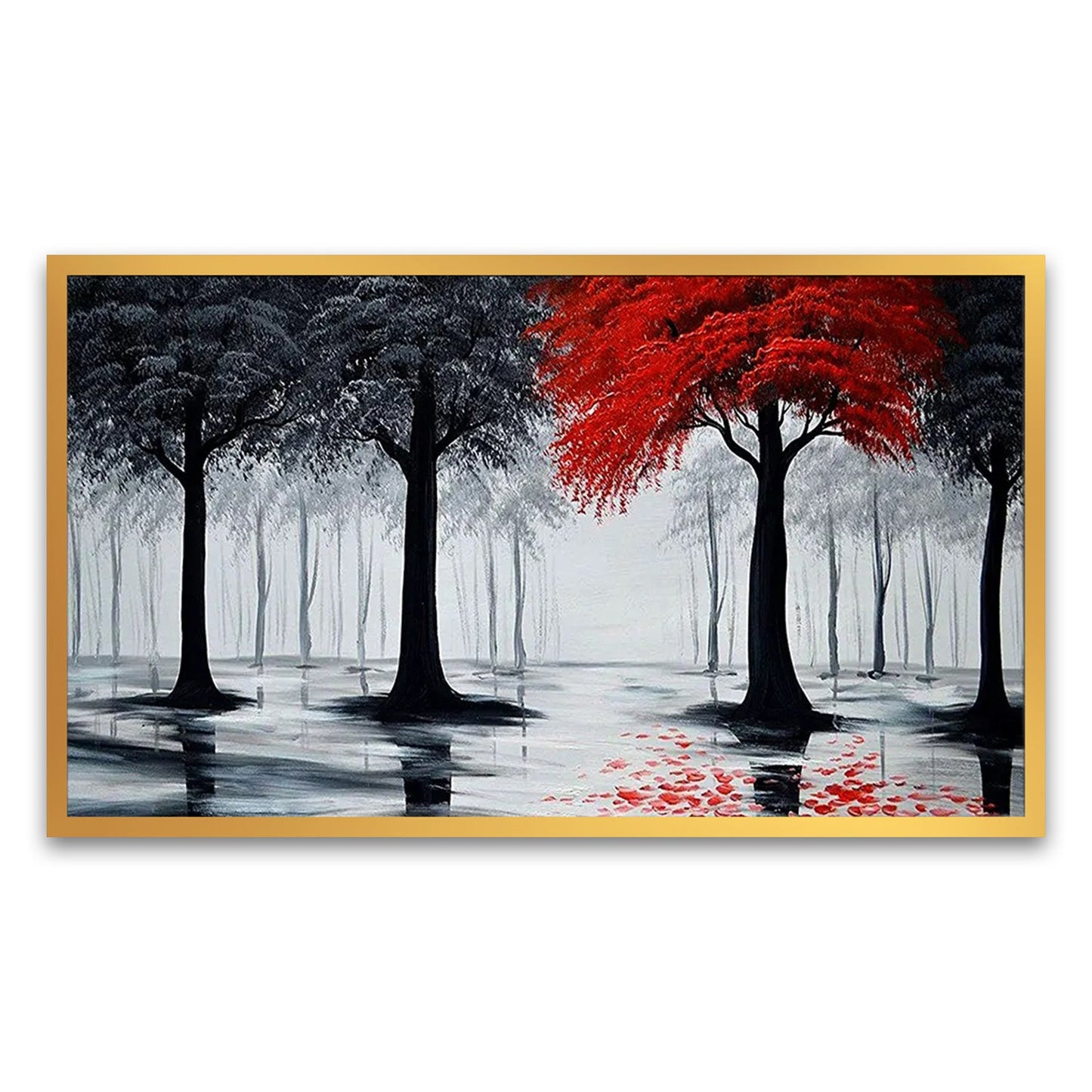 Enchanting Forest Serenity Red and Black Panoramic Canvas Wall Painting