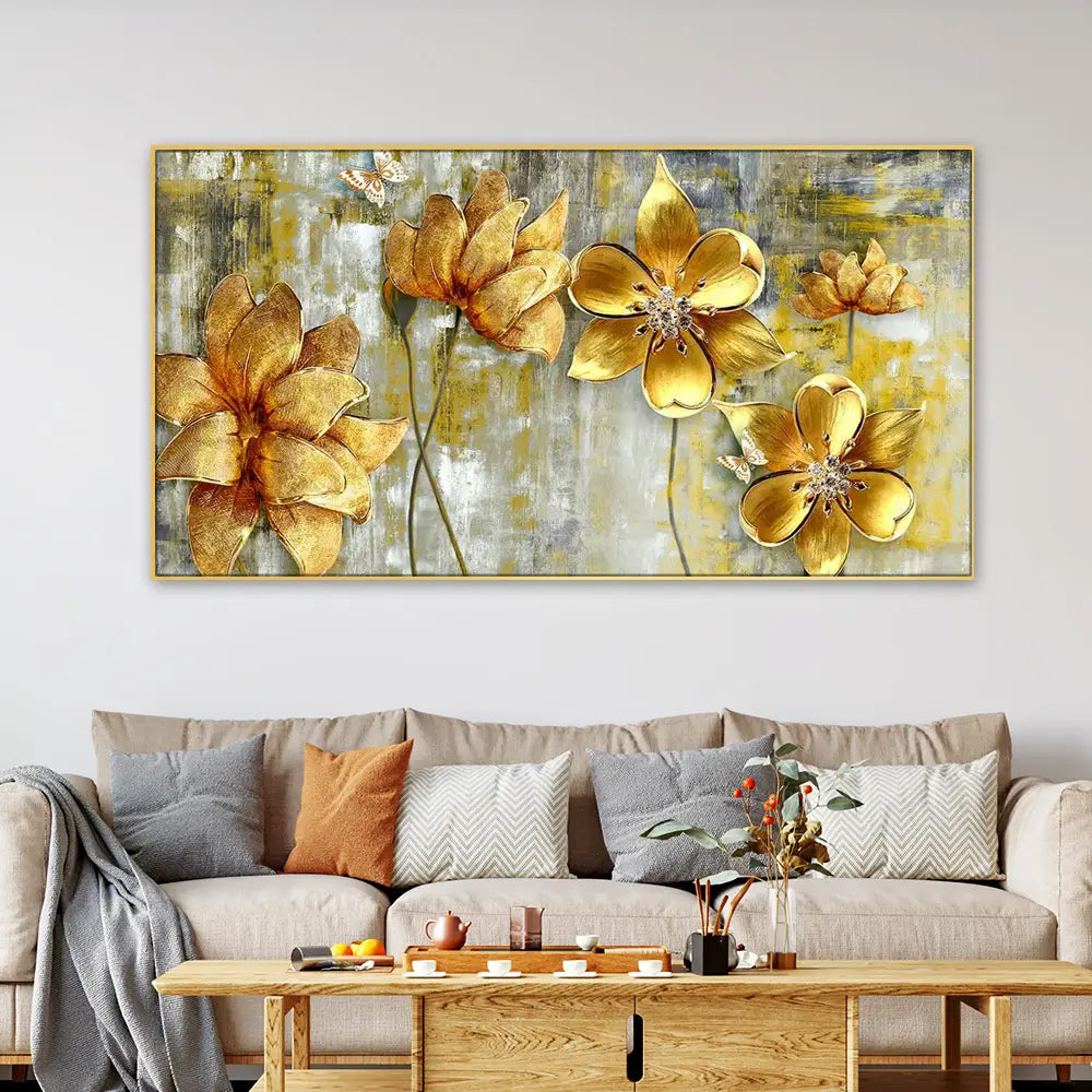 Gilded Blossoms | Majestic Golden Flowers Panoramic Canvas Wall Art