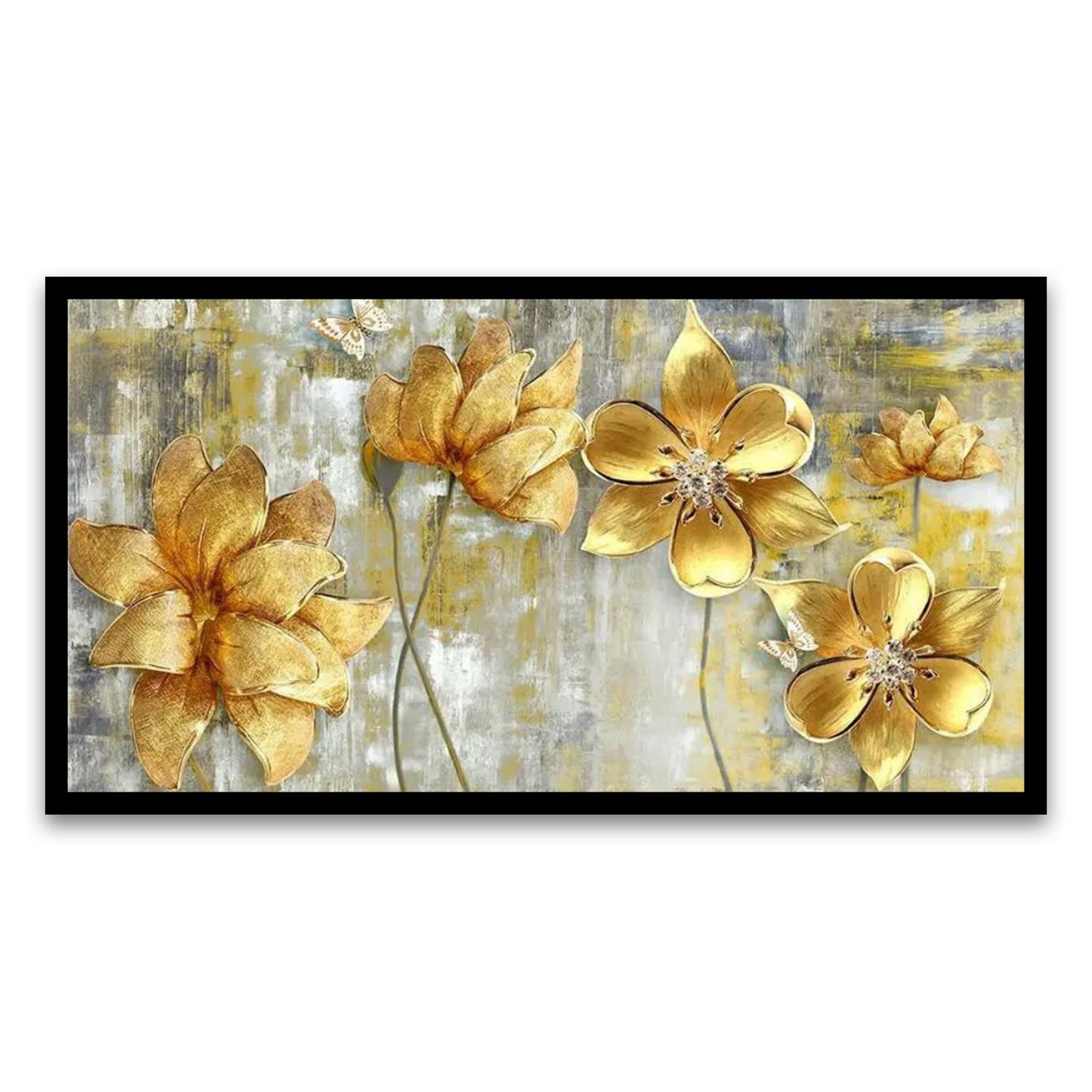 Gilded Blossoms | Majestic Golden Flowers Panoramic Canvas Wall Art